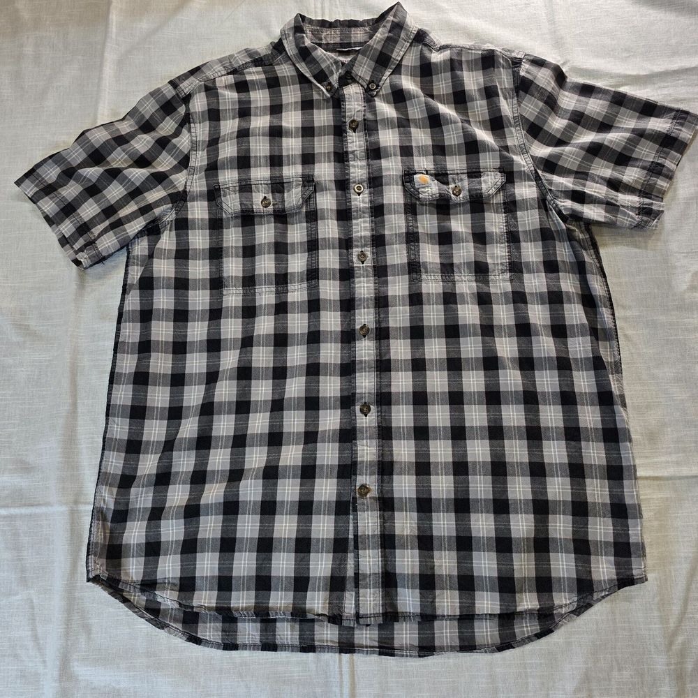 Carhartt Mens Loose Fit Short Sleeve Shirt Plaid Size XL Pockets‎ Button Down